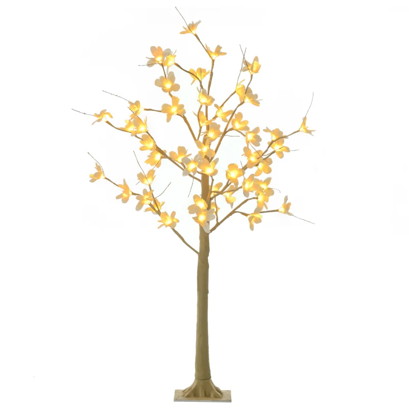 HOMCOM Árbol de Flor de Cerezo con 48 Luces LED IP44 en Blanco Cálido Decoración para Interiores 18x18x120 cm Caqui