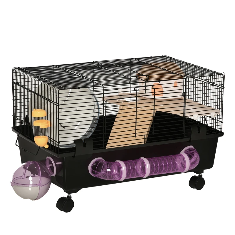 PawHut Gabbia per Criceti con Casetta, Tunnel e Ruota, Base con 4 Rotelle, 60x35x38.5cm, Nero e Marrone