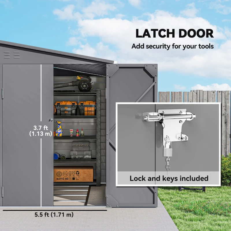 Outsunny 5 x 9ft Galvanised Metal Garden Shed with Foundation Kit, Outdoor Lean-to Shed, Tool Storage House with Lockable Doors, Gloves and 2 Air Vents for Patio, Garden, Grey