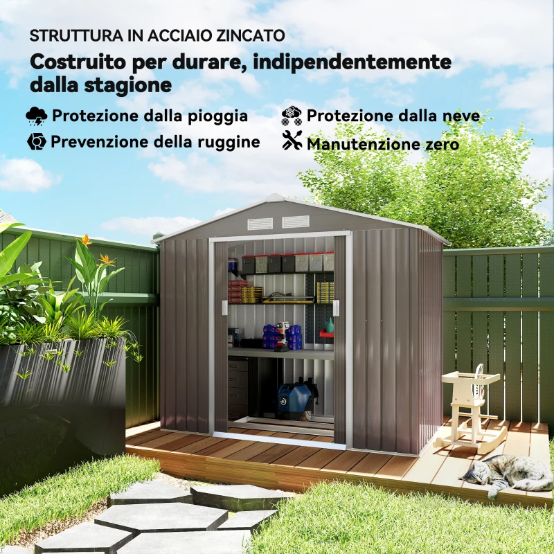 Outsunny Casetta da Giardino Porta Utensili in Lamiera con Porte Scorrevoli, 213x130x185 cm, Grigio
