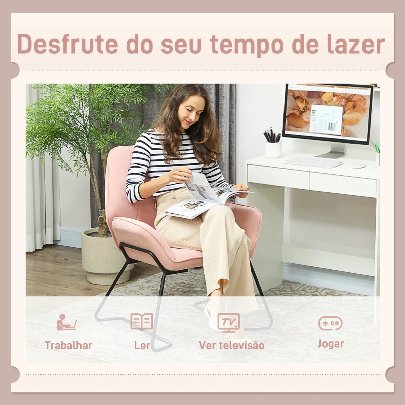 HOMCOM Poltrona Sala de Estar Moderna Poltrona de Leitura com Assento Largo e Acolchoado Estofada em Veludo Pés de Metal 70x67,5x87 cm Rosa