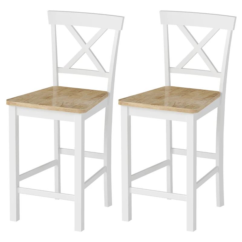 HOMCOM Ensemble de 2 tabourets de bar avec dossier et repose-pied en bois de caoutchouc, pour cuisine, salle à manger, bar, Chêne+Blanc