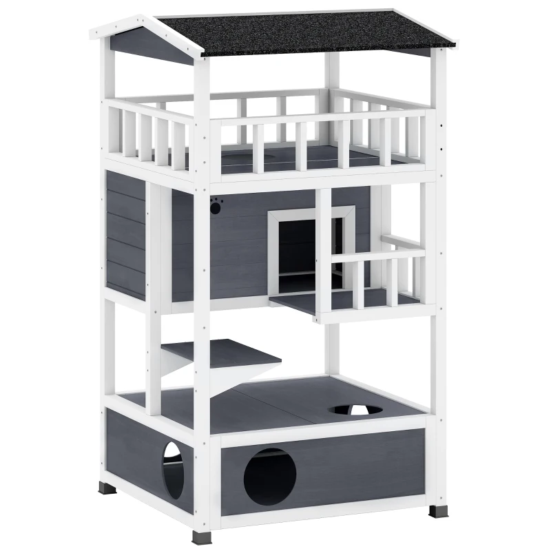 PawHut Caseta para Gatos de Madera 75,5x75x137 cm con Techo Asfáltico Plataformas para Interior y Exterior Gris