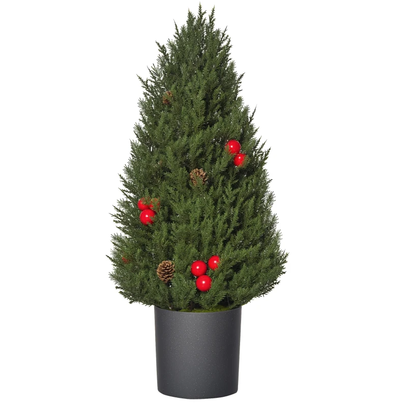 HOMCOM Mini-Weihnachtsbaum mit roten Beeren und Tannenzapfen, inkl. Übertopf 27 cm x 27 cm x 47 cm, Mehrfarbig