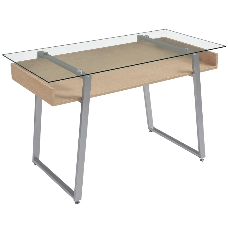 HOMCOM Bureau d'Ordinateur Table Informatique avec Plateau Verre Trempé Étagère de Rangement Support en Métal 120 x 60 x 74,5 cm