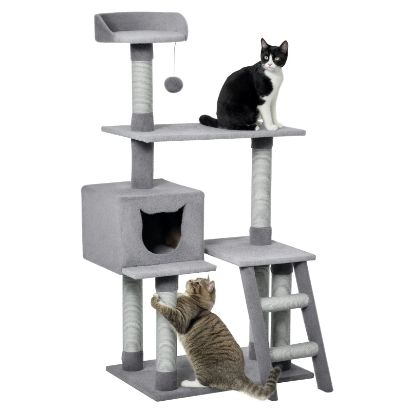 PawHut Árbol Rascador para Gatos Grande Altura 124 cm Torre de Escalada con Plataformas Escalera Cueva Postes de Yute y Bola Colgante Juego y Descanso 60,5x40x124 cm Gris