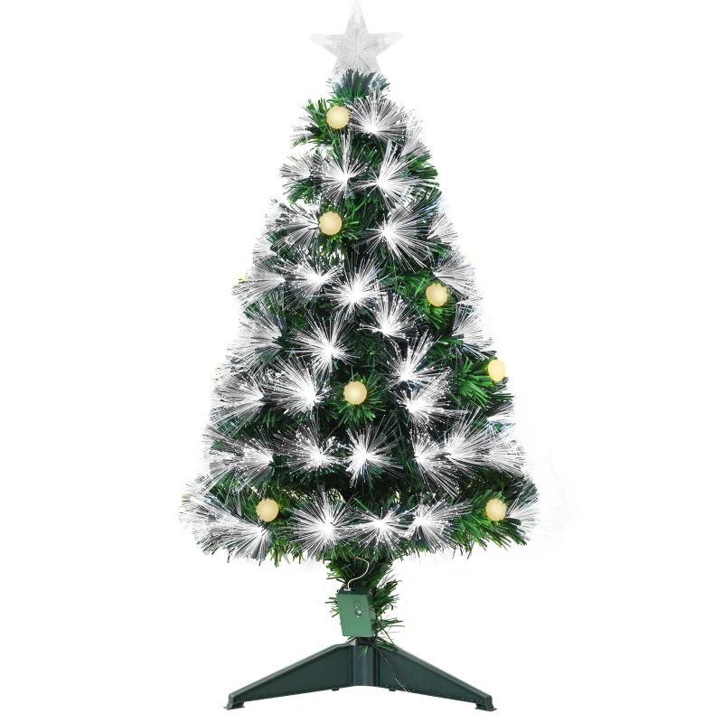 HOMCOM Sapin de Noël Artificiel Lumineux 90H cm Fibre Optique LED + 14 Ampoules + Support Pied 90 Branches étoile Sommet Brillante Vert