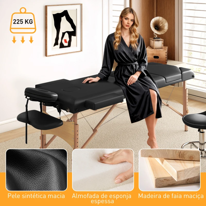 HOMCOM Marquesa de Massagem Dobrável Portátil com Altura Ajustável Apoio de Cabeça Apoios de Braço Acolchoados 215x60x64-89 cm Preto
