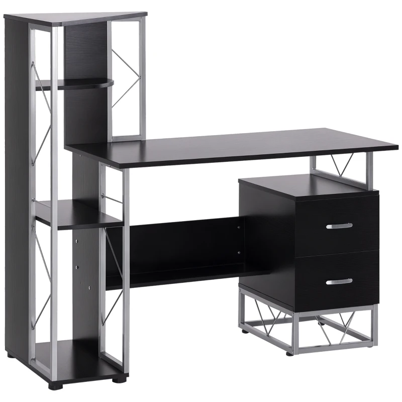 HOMCOM Escritorio con Estantería Librería Mesa de Ordenador PC con Superficie de 110 cm 2 Cajones y Múltiples Estantes para Oficina Estudio Despacho 133x55x123 cm Negro