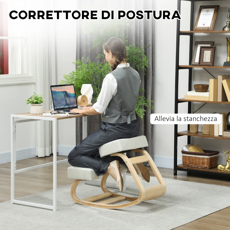Vinsetto Sedia Ergonomica con Inginocchiatoio in Legno di Betulla e Cuscino, 51x69x58 cm, Crema