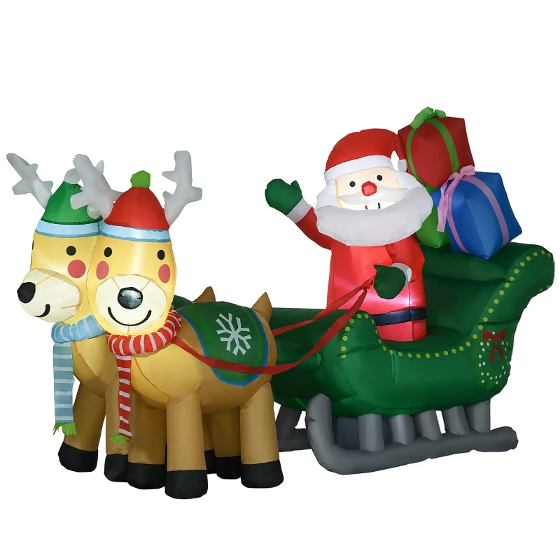 HOMCOM Decoración Inflable de Navidad Papá Noel con Trineo y 2 Renos Decoración Navideña con 4 Luces LED 210x70x125 cm