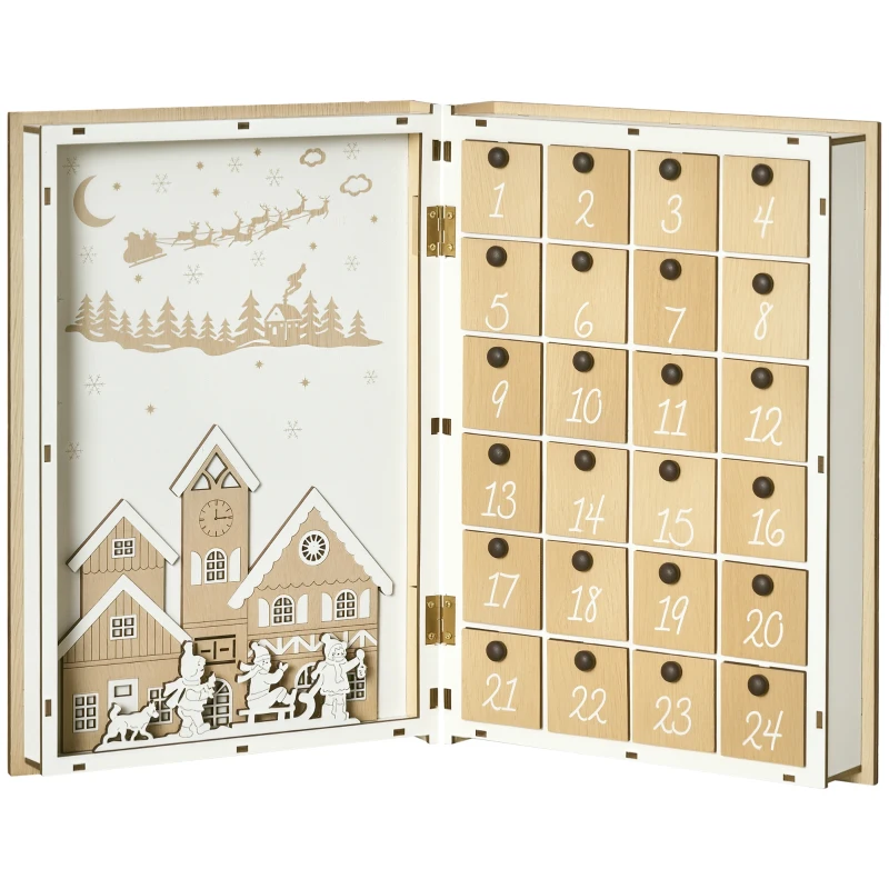 HOMCOM Calendario Avvento di Natale in Legno a forma di Libro con Temi natalizi, 22x7x32 cm, Bianco e color Legno
