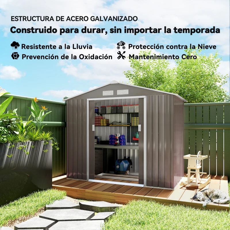 Outsunny Caseta de Jardín 213x130x185 cm Cobertizo Metálico de Exterior para Almacenamiento de Herramientas Gris