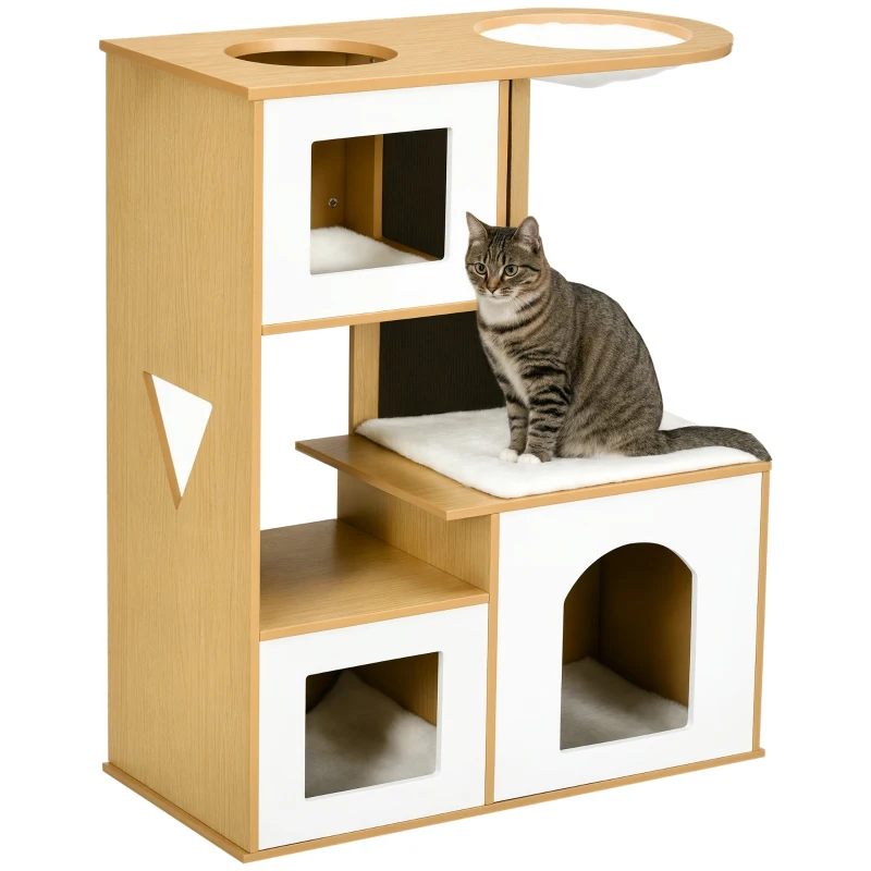 PawHut Árbol Rascador para Gatos con 3 Casetas de Madera Cojines Lavables Tabla de Rascado y Hamaca 76x37x92,5 cm Roble