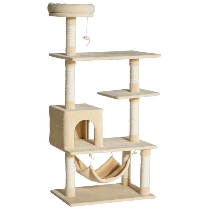 PawHut Árbol Rascador para Gatos Grande 70x40x152 cm Torre para Gatos con Múltiples Plataformas Cueva Hamaca Postes Beige