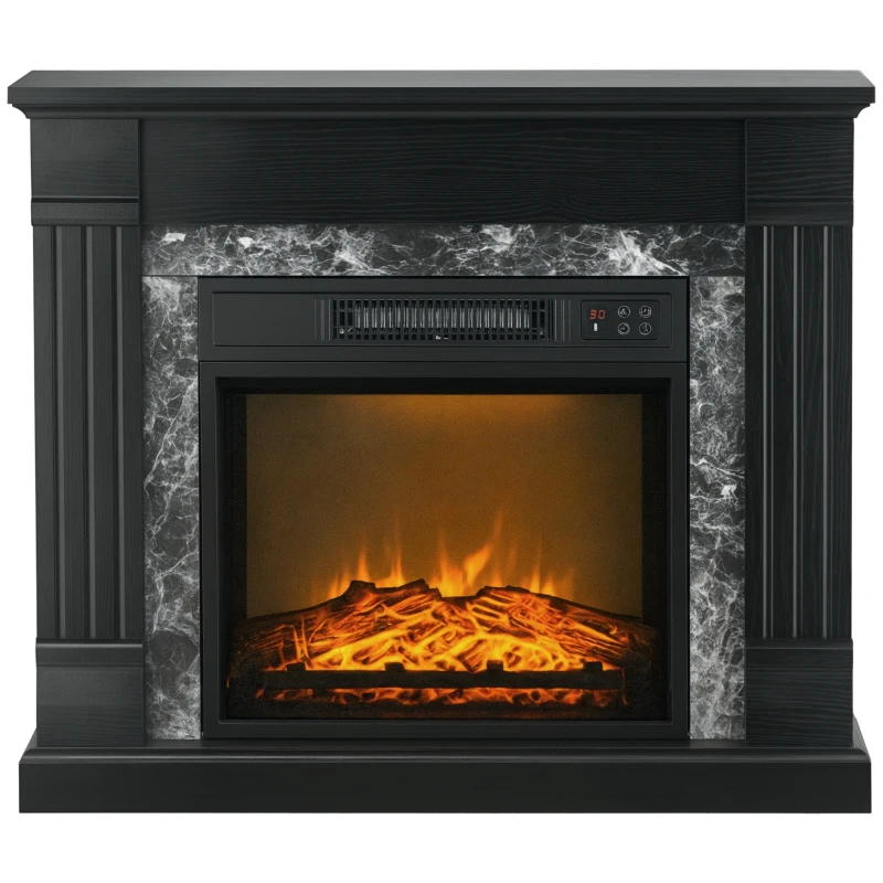 HOMCOM Semineu Electric care se Amplaseaza pe Podea cu Temporizator, Flacara Realista si Temperatura Reglabila, din Metal, ABS si PAL, 80x21.6x67.8 cm, Negru