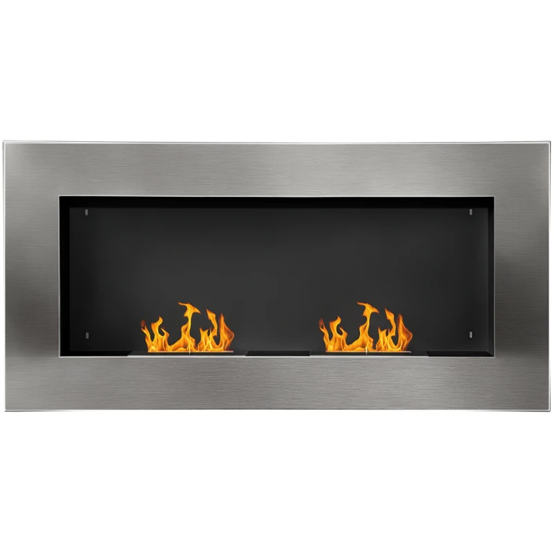 HOMCOM Cheminée bioéthanol Murale encastrable brûleur 2 x 0,9 L, environ 3 h de durée de combustion 110L x 14l x 54H cm Couverture 25-30 m² Acier inox