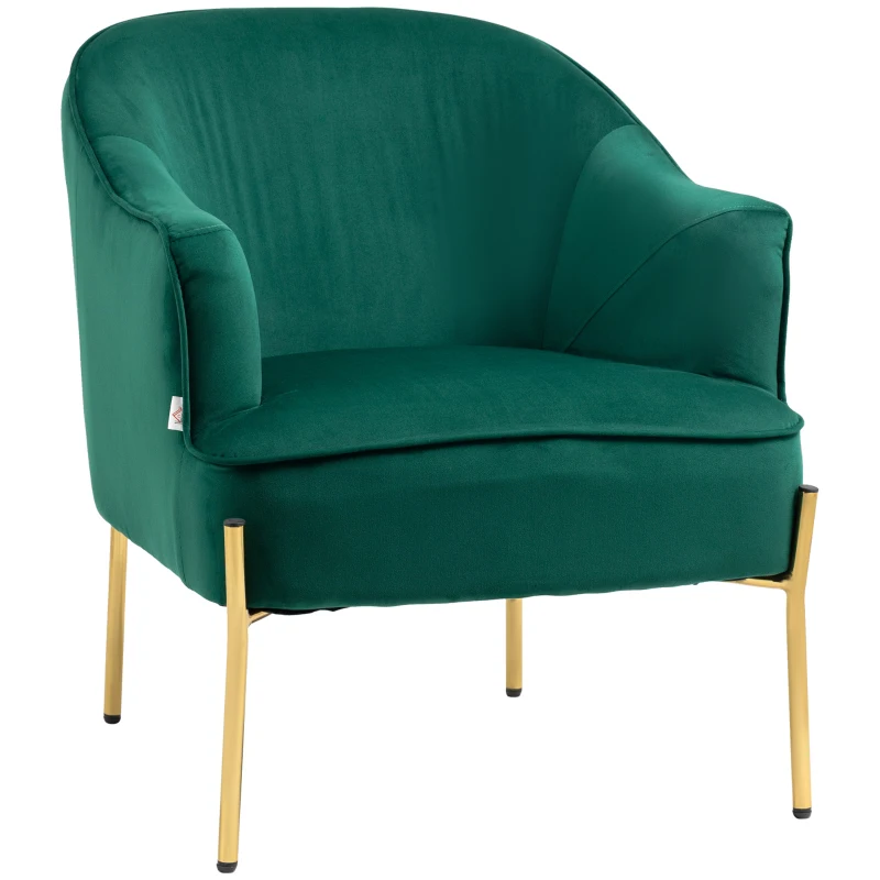 Fotoliu dormitor din material textil cu efect catifea HOMCOM cu picioare din otel auriu, 62x69x75 cm, verde