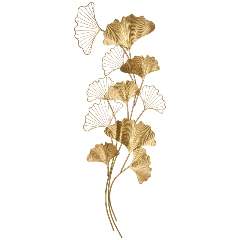 HOMCOM Decorazione Murale 3D in Metallo, Wall Art Dorata con Foglie di Ginkgo 138x70cm