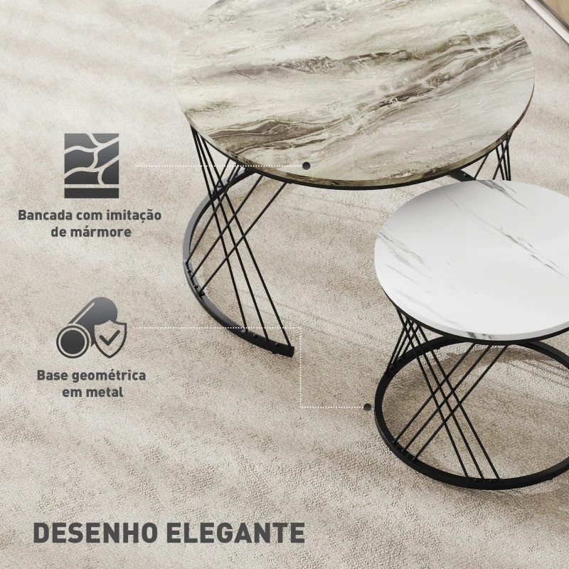 HOMCOM Conjunto de 2 Mesas Auxiliares Redondas com Bancada com Imitação de Mármore Estrutura de Metal  Cinzento e Branco