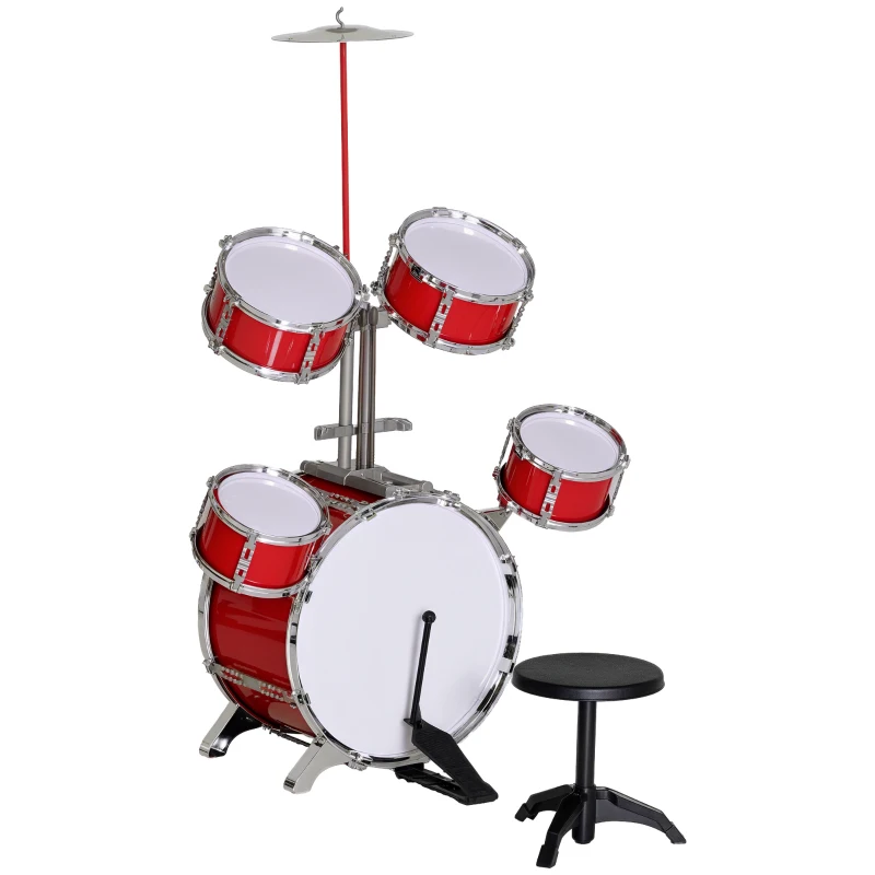 AIYAPLAY Set Batteria per Bambini da 5 Pezzi con Grancassa con Pedale, Tamburi, Piatto e Sgabello, Età 3-6 Anni, Rosso