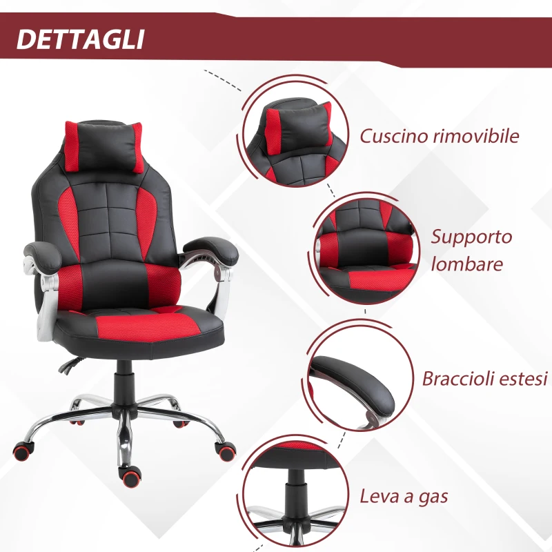 HOMCOM Sedia da Gaming Reclinabile con Supporto Lombare e Poggiatesta in Pelle PU, Rosso e Nero