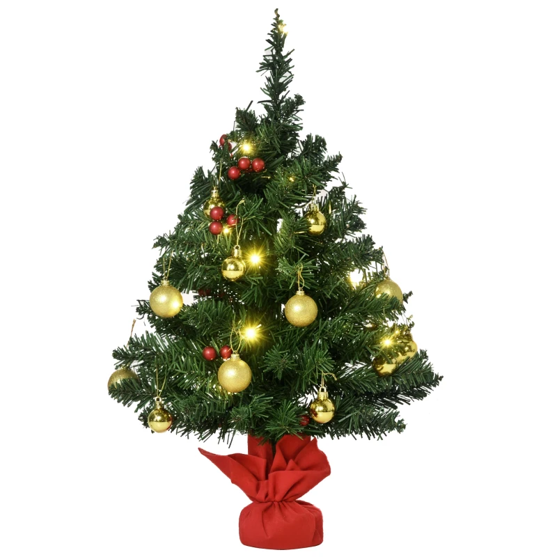 HOMCOM Mini-Weihnachtsbaum Weihnachtsdekoration Weihnachtsdeko, inkl. Weihnachtskugeln und LED-Lichter 60 cm, Mehrfarbig