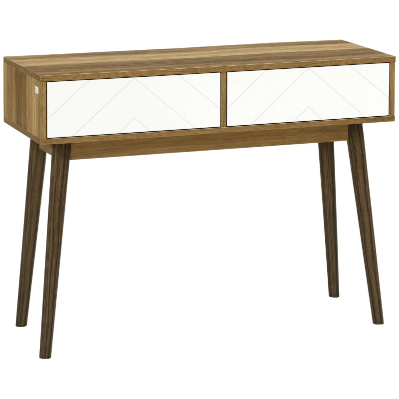 HOMCOM Console Table Sofa Side Desk with 2 Drawers Solid Pine Wood Legs for Living Room Entryway Bedroom Brown and White