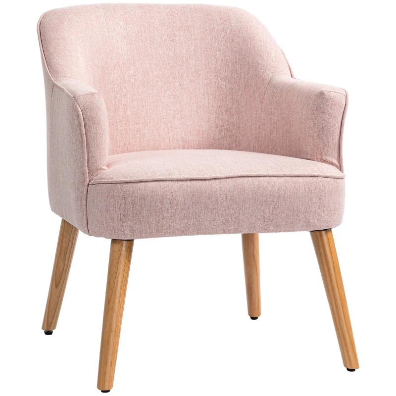 HOMCOM Butaca de Salón Moderna Sillón Individual Tapizado en Lino con Patas de Madera Carga 120 kg 64,5x65x79,5 cm Rosa