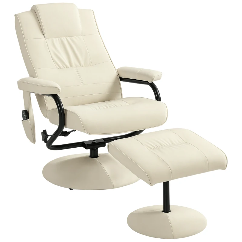 HOMCOM Swivel Recliner Chair and Footstool, Faux Leather Massage Recliner Armchair with Remote Control and Round Wrapped Base, Cream White