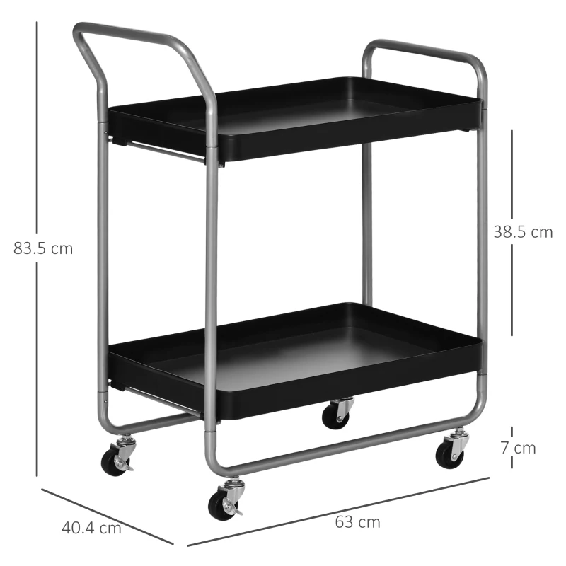 HOMCOM Carrello Portavivande a 2 Livelli con Maniglie e Ruote girevoli, Carrello Portaoggetti in Metallo per Cucina Soggiorno, 63x40.4x83.5cm, Nero