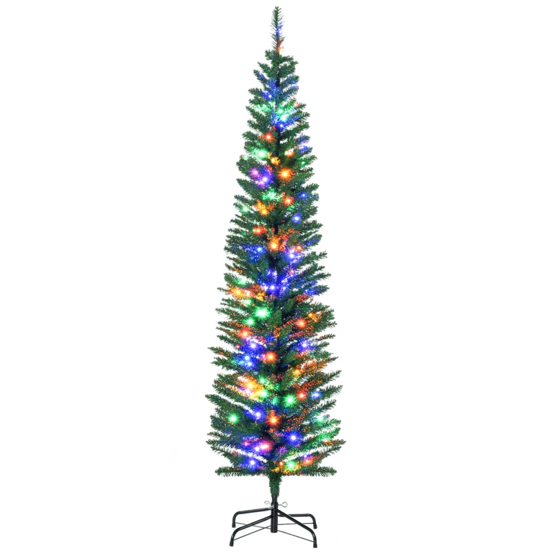 HOMCOM Sapin de Noël artificiel lumineux en forme de crayon 180 cm 150 lumières multicolores 390 branches base en acier vert