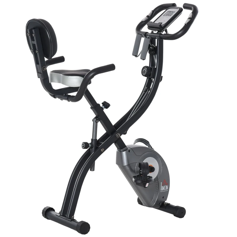 HOMCOM Bicicleta Estática Plegable Resistencia Ajustable de 8 Niveles con Sensor de Pulso Pantalla LCD Sillín Regulable Respaldo Bandas de Resistencia para Entrenamiento en Casa 107x53x107 cm Negro