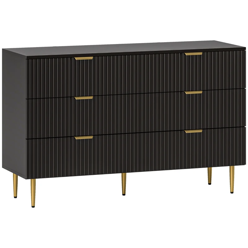 HOMCOM Commode 6 tiroirs commode chambre meuble de rangement moderne avec poignées et pieds dorés, 120 x 40 x 76,5 cm, noir