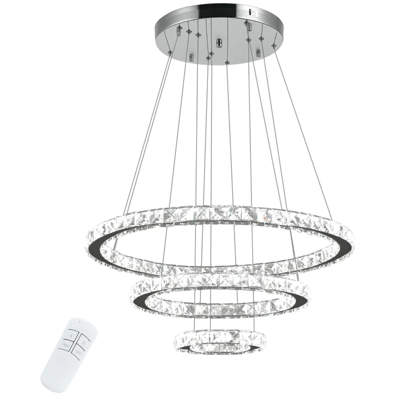 HOMCOM Lámpara de Araña de Cristal Moderna Lámpara Colgante LED 40W con 3 Anillos Ángulo Ajustable y Control Remoto 4000K Luz Blanco para Salón Comedor Ø60x110 cm