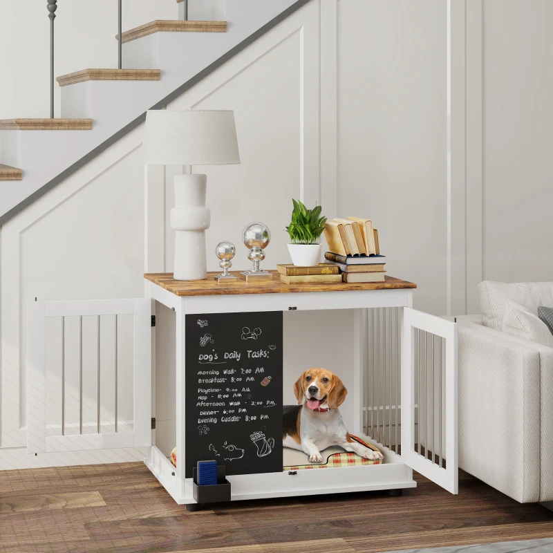 PawHut Cage pour chien cage chien intérieur avec 2 portes tableau noir pour chiens taille moyenne 20 kg 80 x 60 x 70 cm blanc