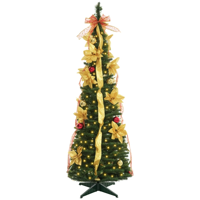 HOMCOM Árbol de Navidad Plegable con Luces LED en Blanco Cálido y Adornos Pre-instalados para Interior Ø50x150 cm Verde