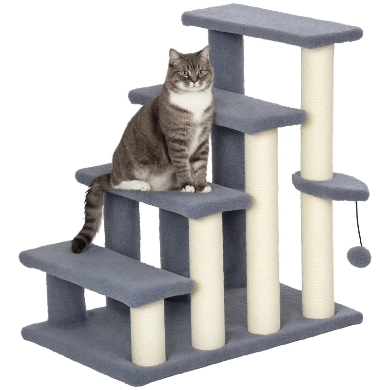PawHut Scala per Gatti a 4 Livelli Coperto di Morbida Franela Palo di Sisal Palla Appesa 60x40x64 cm Grigio