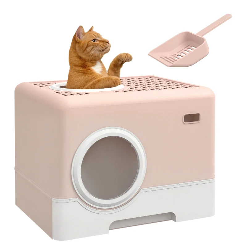 PawHut Caixa de Areia para Gatos com Pá Bandeja Removível 2 Portas Entrada Frontal e Saída Superior 52x41x38,5 cm Rosa