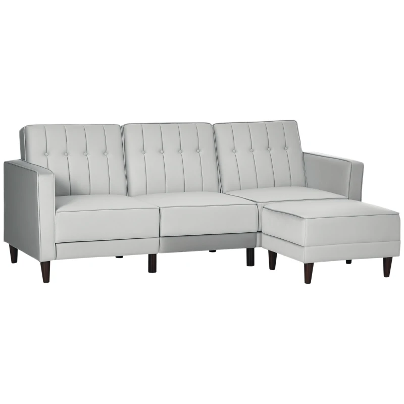 HOMCOM Divano Letto 3 Posti con Poggiapiedi e Schienale Reclinabile, Rivestimento Velluto e Seduta Imbottita, 218x85x86 cm, Grigio Chiaro