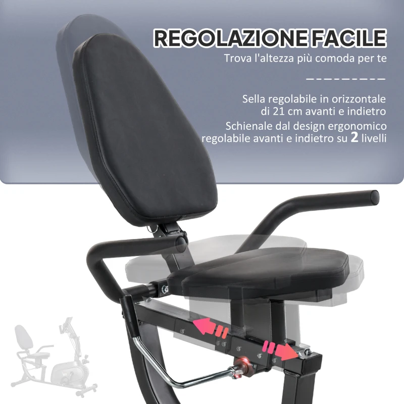 HOMCOM Cyclette Orizzontale Magnetica 8 Resistenze, Display LCD, Sedile Regolabile ed Elastici per Braccia