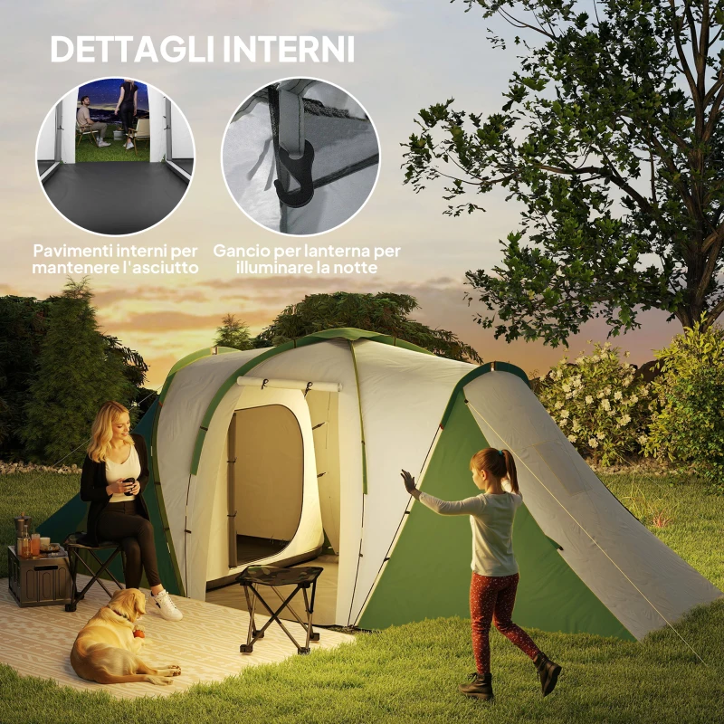 Outsunny Tenda da Campeggio 4-6 Persone con 2 Camere, in Poliestere e Fibra di Vetro, 555x225x190 cm, Grigio e Verde