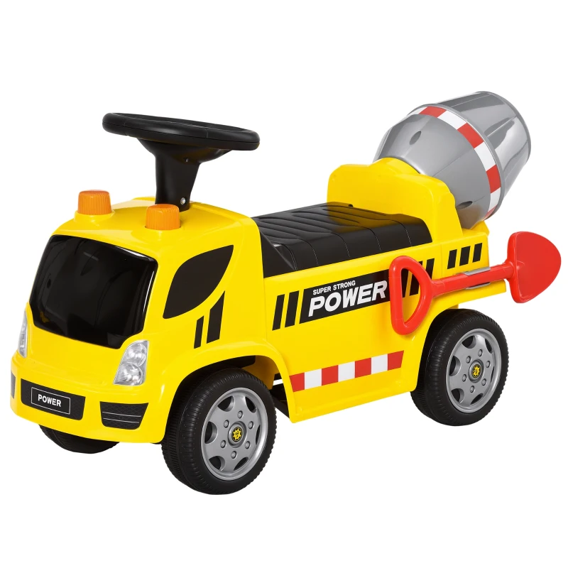 HOMCOM Macchina per Bambini Cavalcabile 2 in 1 con Betoniera, Luci e Suoni, Età 18-36 Mesi, 78x28.2x42cm, Giallo