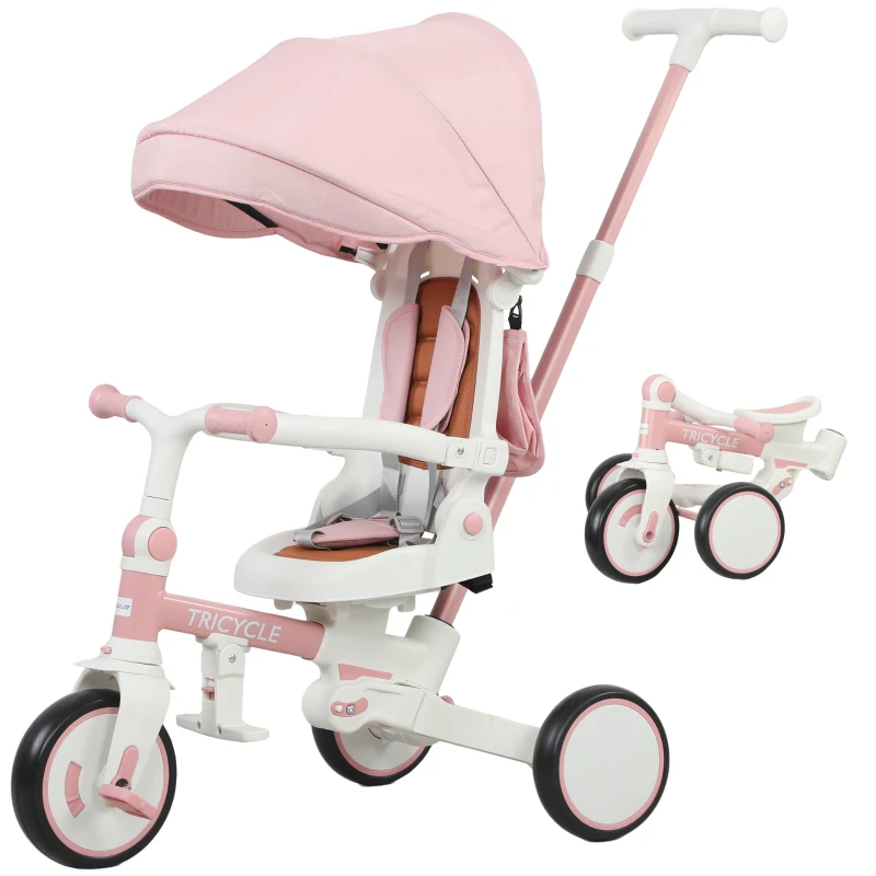 AIYAPLAY 5 in 1 Kids Trike with Adjustable Backrest, Toddler Tricycle with Push Handlebar, Adjustable Backrest, Pink