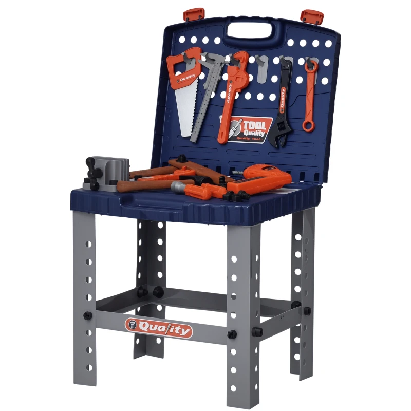 HOMCOM Banco da Lavoro Giocattolo Pieghevole con 68 Attrezzi Inclusi per Bambini 3-6 Anni, Blu e Grigio, 40x43x72cm