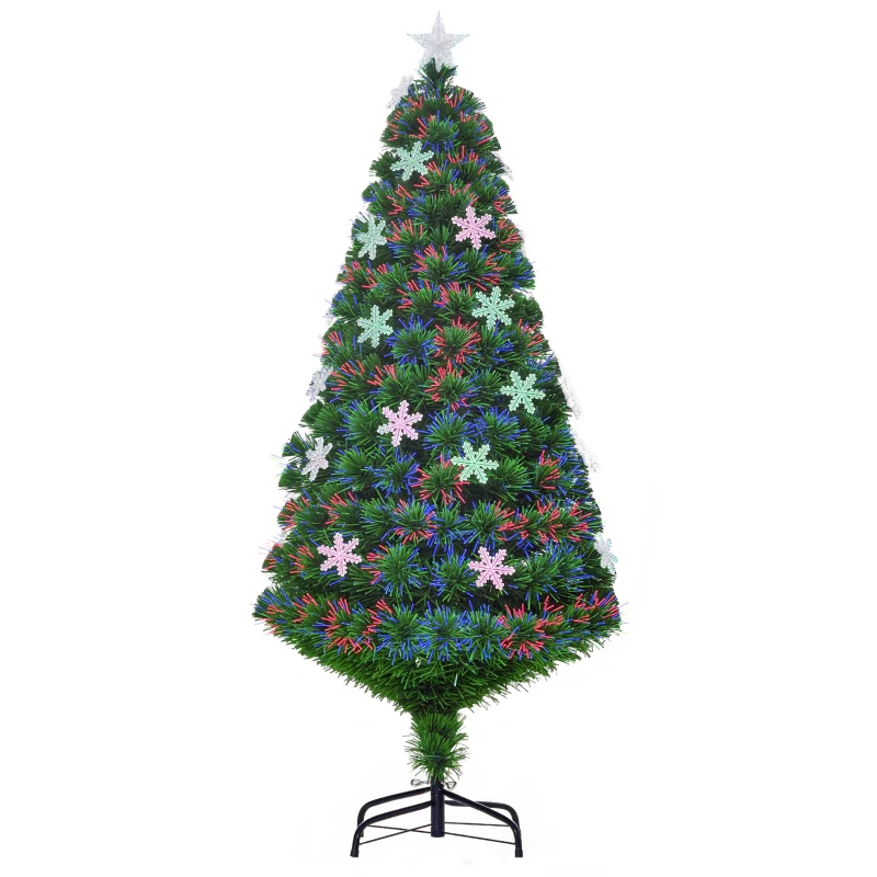 HOMCOM Árbol de Navidad Artificial 150cm con Luces LED Copos de Nieve y Fibra Óptica Decoración Navideña con Luces Multicolor