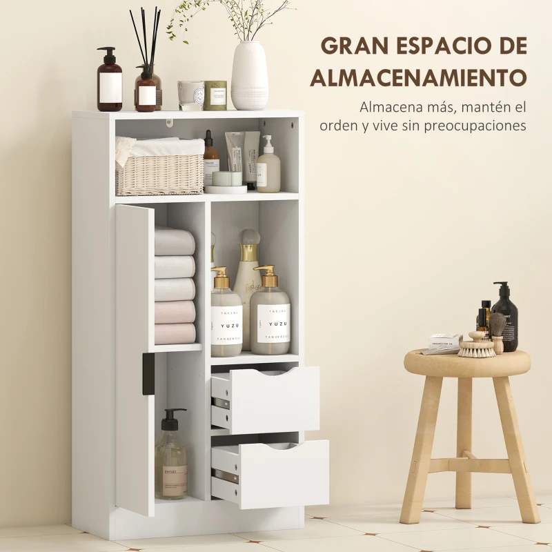 HOMCOM Armario de Baño con 2 Cajones Compartimento Abierto y Estantes Ajustables para Espacio Pequeño 50x25x100 cm Blanco