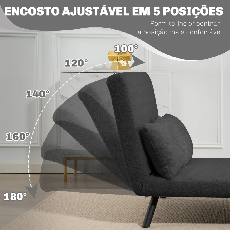 HOMCOM Sofá Cama Sofá Convertível em Cama de 2 Lugares Dobrável com Encosto Ajustável em 5 Níveis e 2 Almofadas 102x73x81 cm Cinza