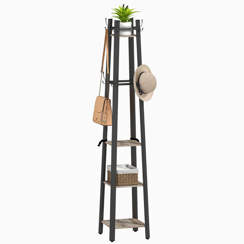 HOMCOM Industrial-Style Four Shelf Coat Stand - Grey/Black