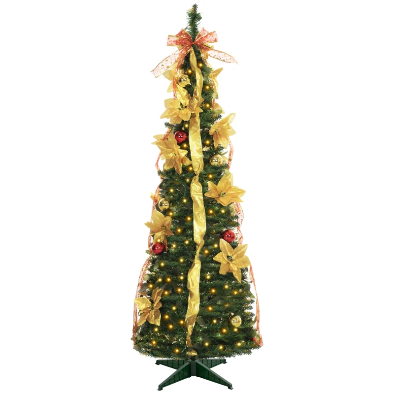 HOMCOM Árvore de Natal Dobrável 150 cm Árvore de Natal Artificial com Luzes LED e Decorações Pré-Instaladas Ø50x150 cm Verde